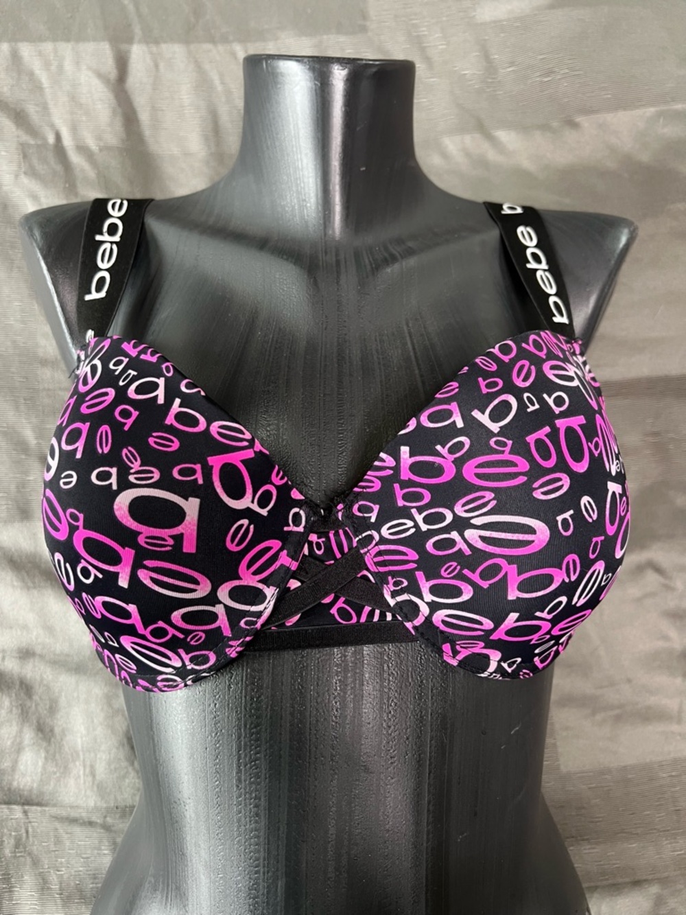 bebe Black and Pink Logo Push-Up Bra with Branded Straps
